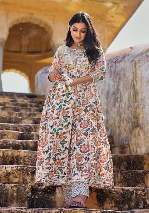 Cream Printed Cotton Anarkali Set