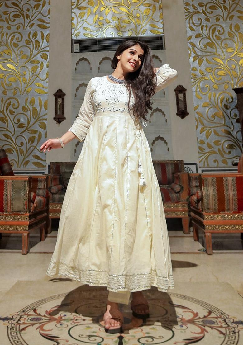 Cream Printed Cotton Anarkali Set