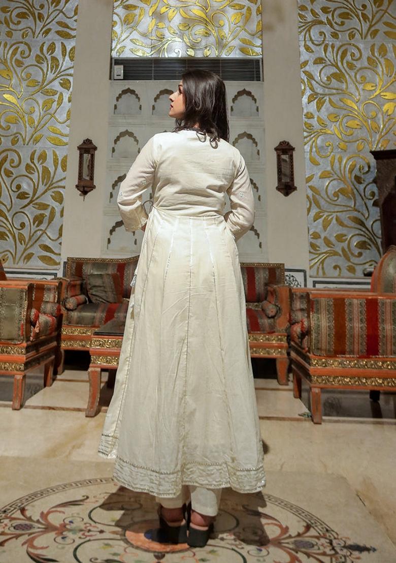 Cream Printed Cotton Anarkali Set