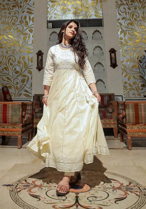 Cream Printed Cotton Anarkali Set