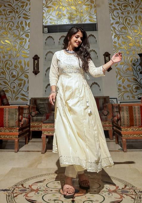 Cream Printed Cotton Anarkali Set