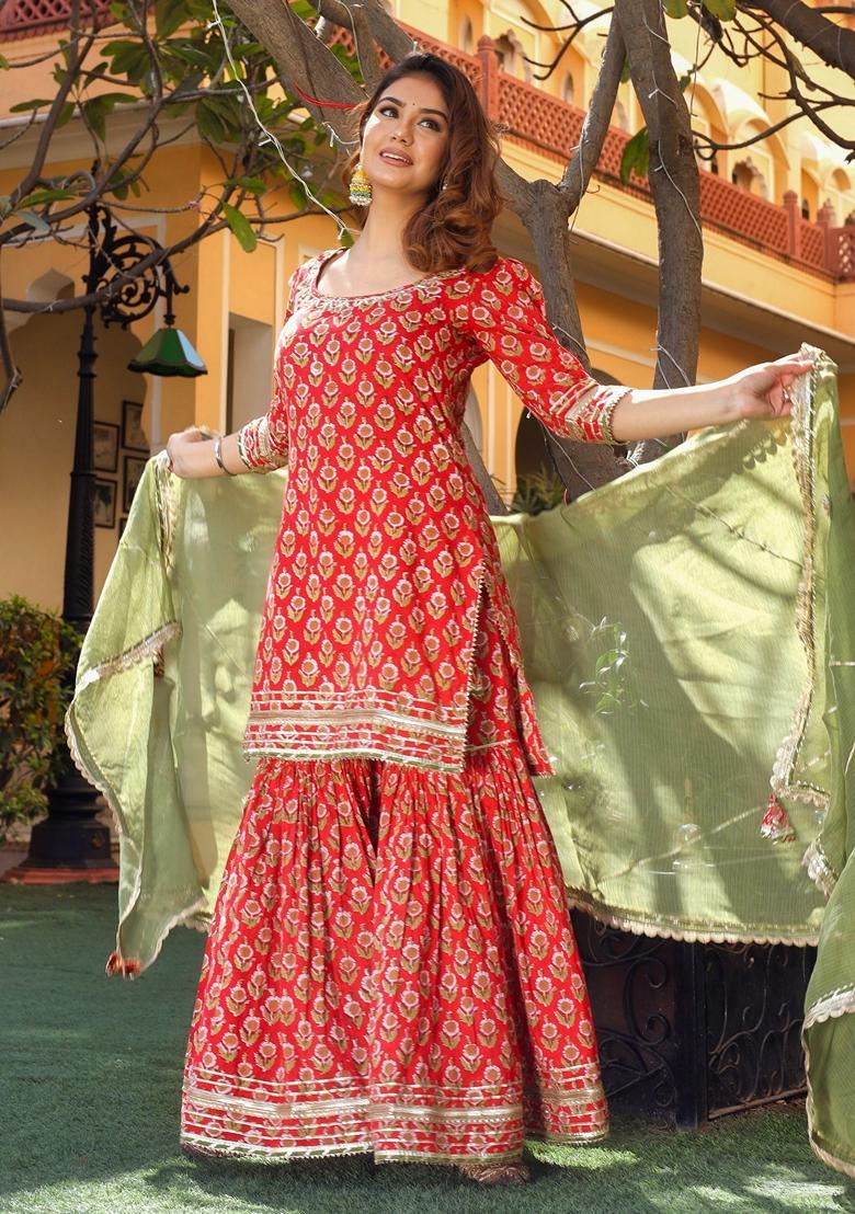 Red Printed Cotton Sharara Set