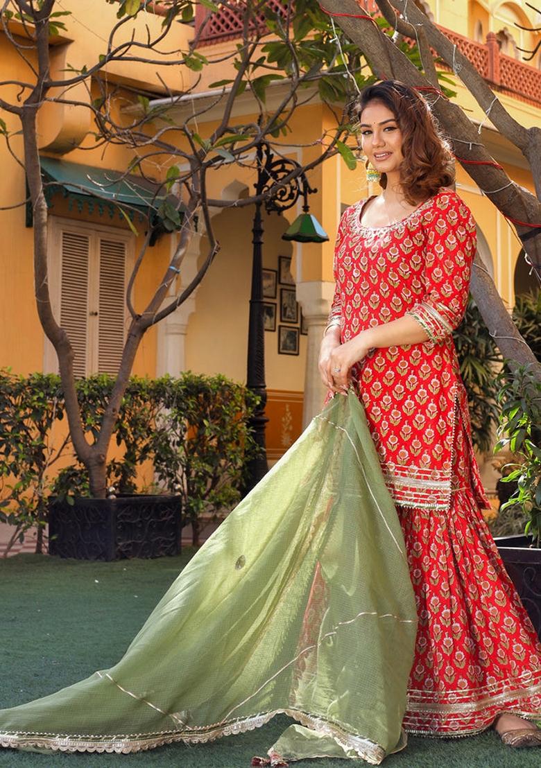 Red Printed Cotton Sharara Set