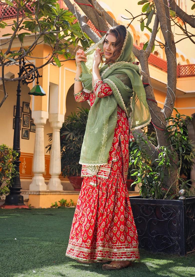 Red Printed Cotton Sharara Set