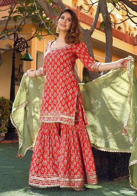 Red Printed Cotton Sharara Set