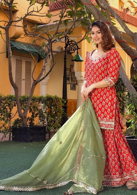 Red Printed Cotton Sharara Set