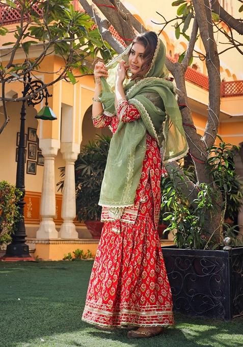 Red Printed Cotton Sharara Set