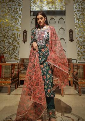 Dark Green Floral Print Cotton Kurta Set