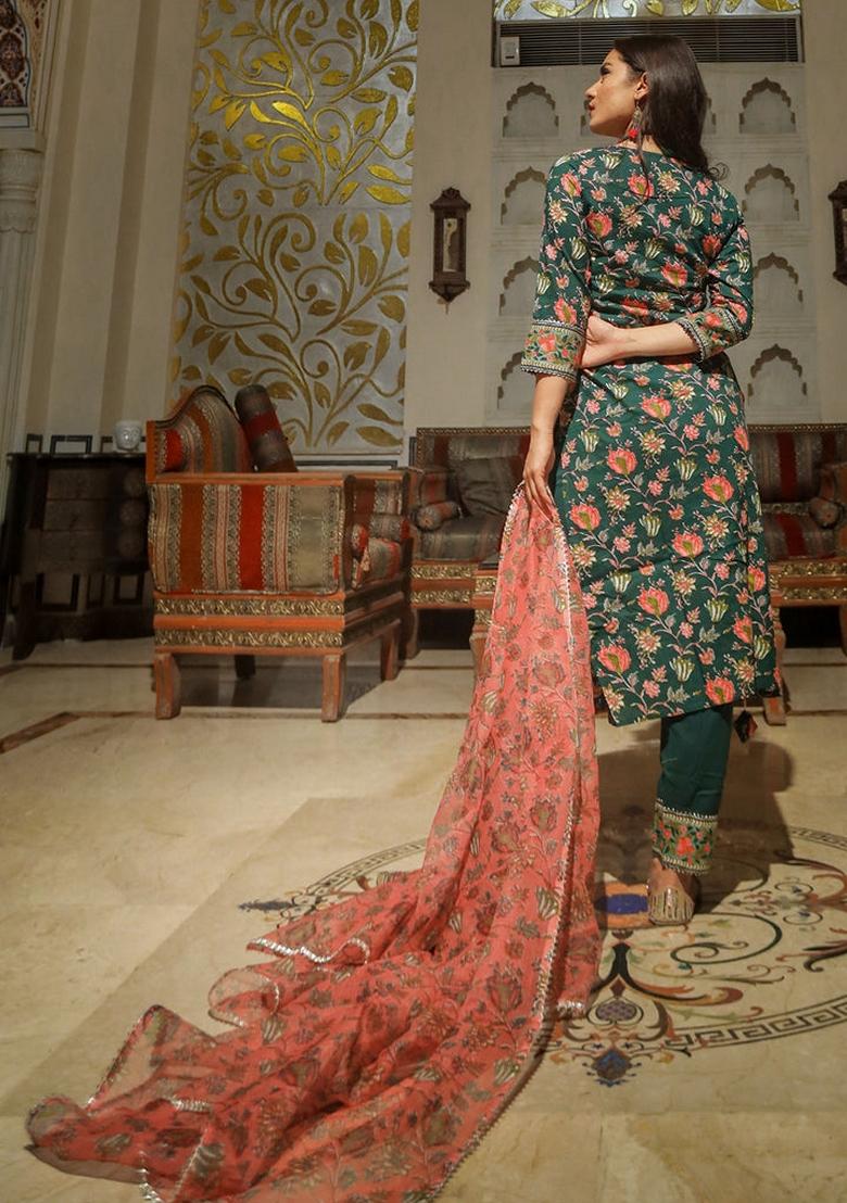 Dark Green Floral Print Cotton Kurta Set - Indya