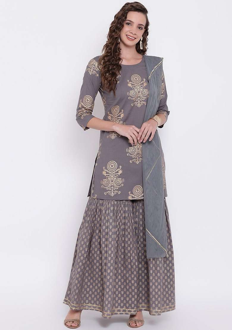Grey Printed Cotton Sharara Set - Indya