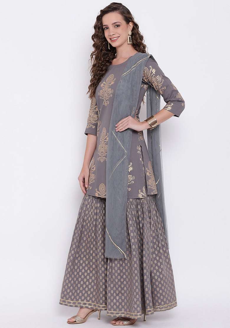 Grey Printed Cotton Sharara Set - Indya