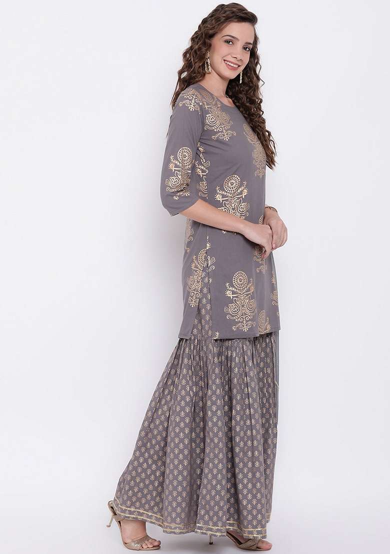 Grey Printed Cotton Sharara Set - Indya