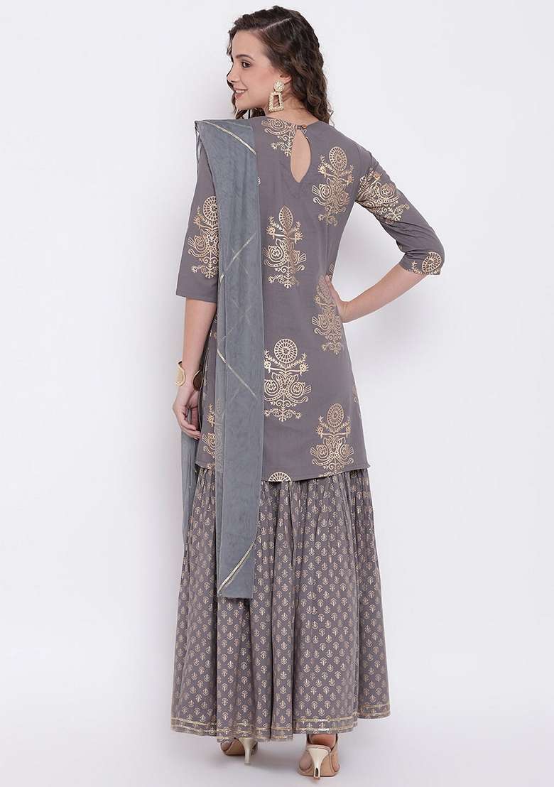 Grey Printed Cotton Sharara Set - Indya