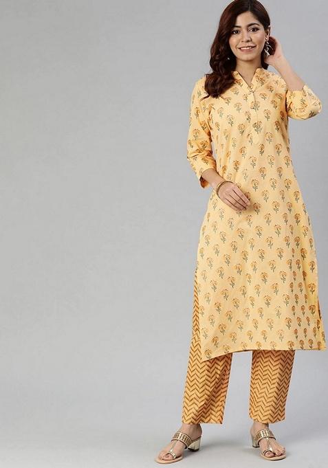 Yellow Printed Cotton Kurta Set