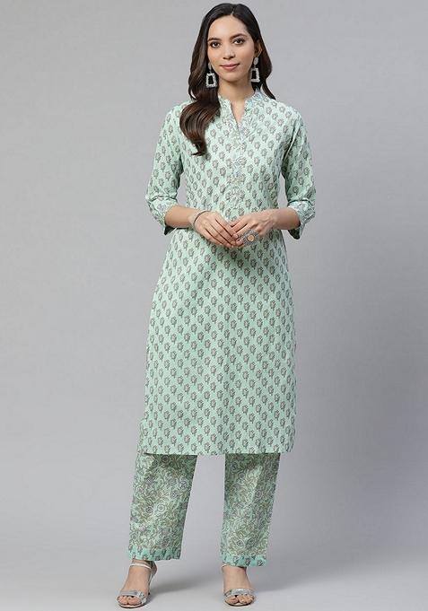 Green Printed Cotton Kurta Set