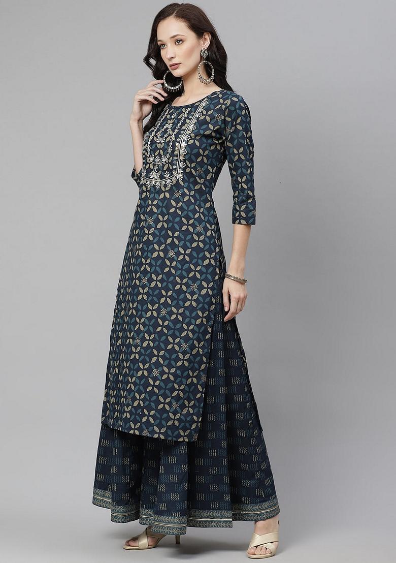 Blue Printed Cotton Palazzo Set - Indya