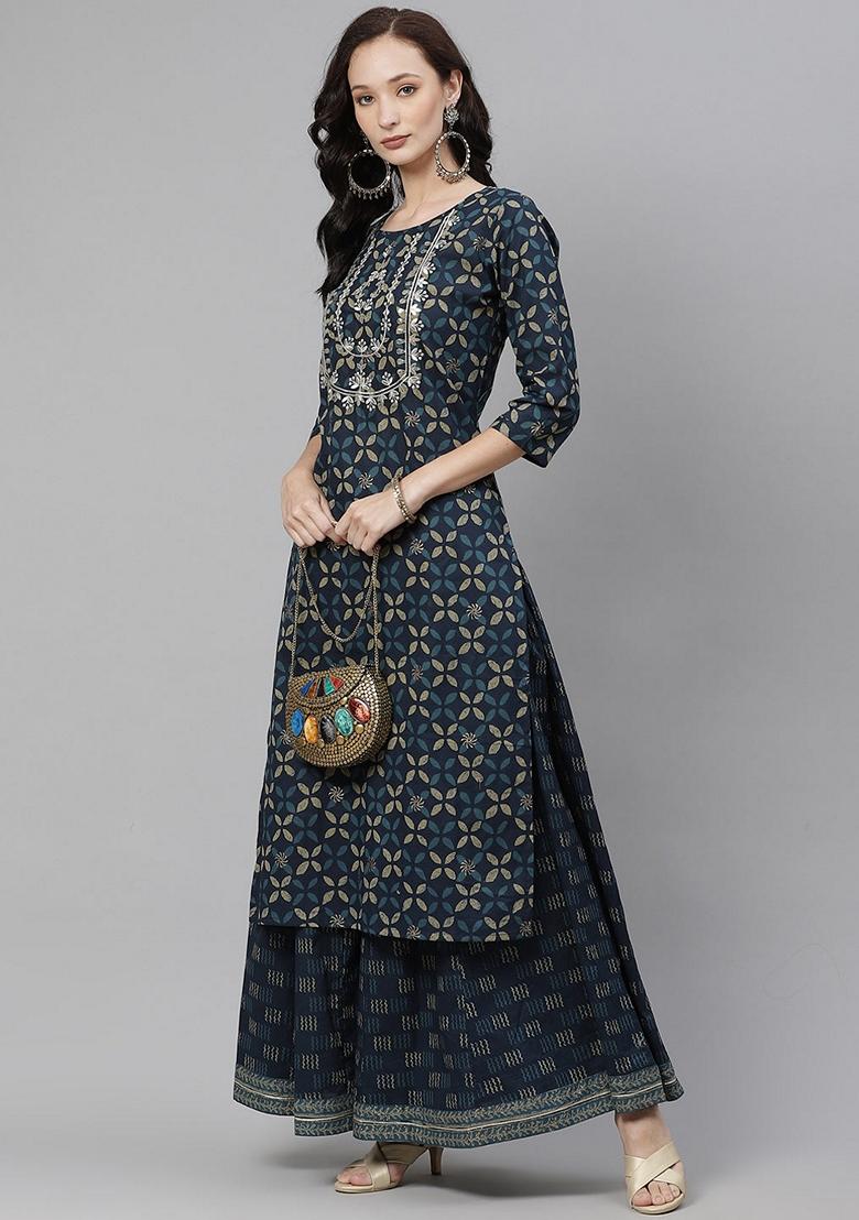 Blue Printed Cotton Palazzo Set - Indya