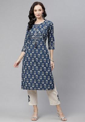 Blue Printed Cotton Kurta Set