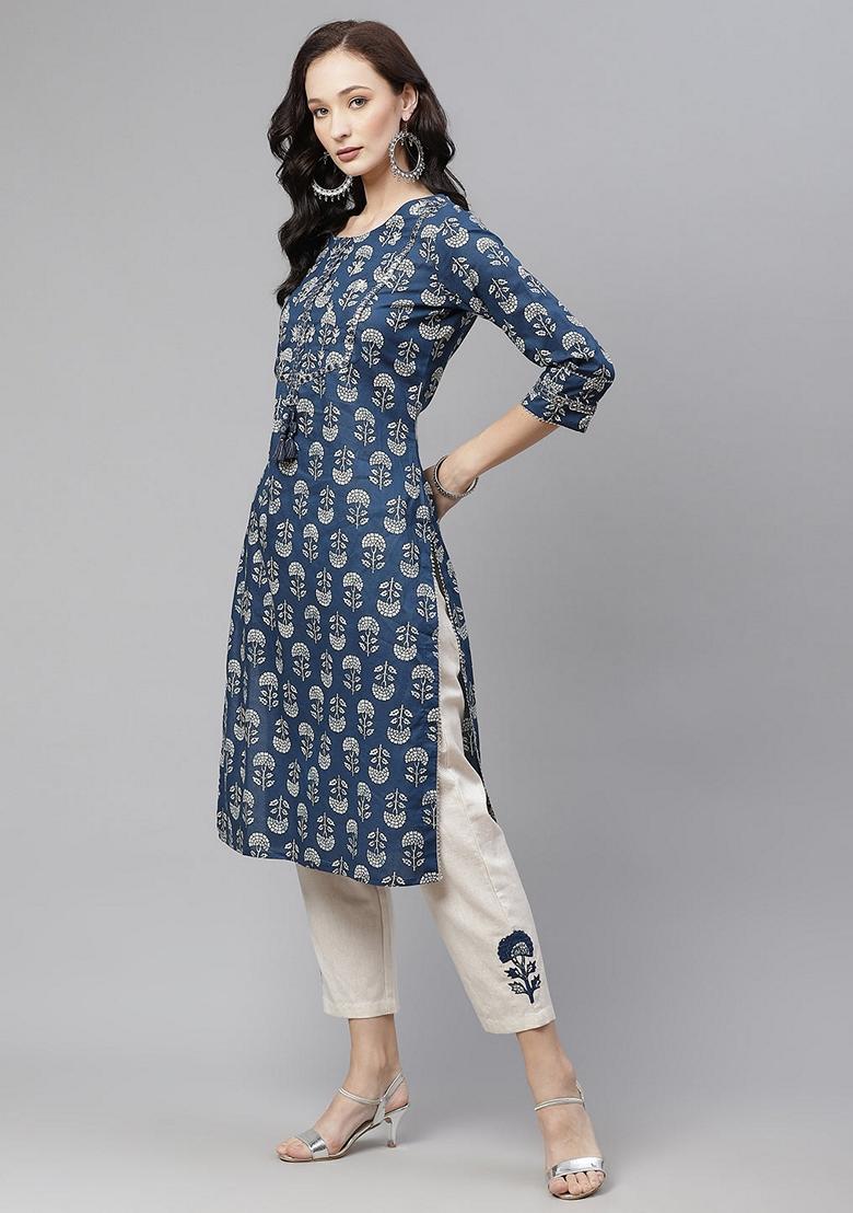 Blue Printed Cotton Kurta Set - Indya