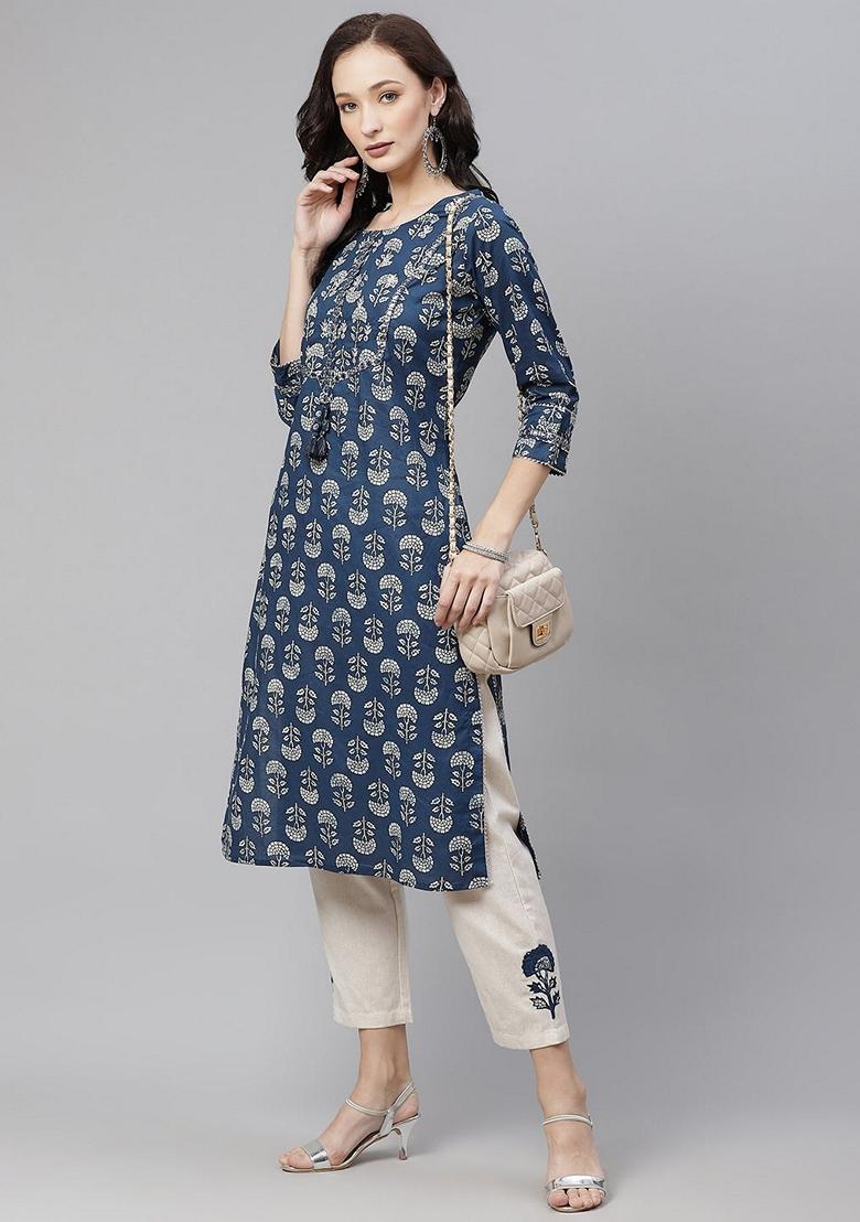 Blue Printed Cotton Kurta Set - Indya