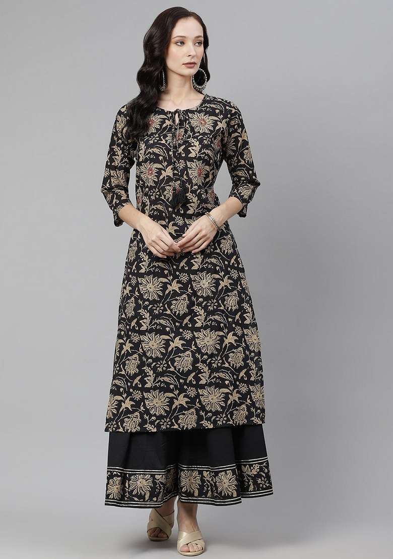 Black Printed Cotton A Line Kurta Set - Indya