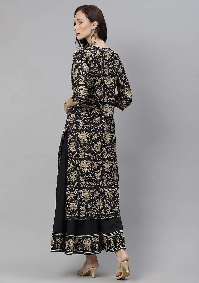 Black Printed Cotton A Line Kurta Set - Indya