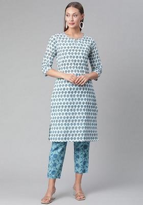 White Printed Cotton Kurta Set