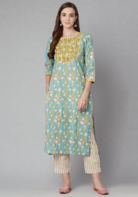 Blue Floral Print Cotton Kurta Set