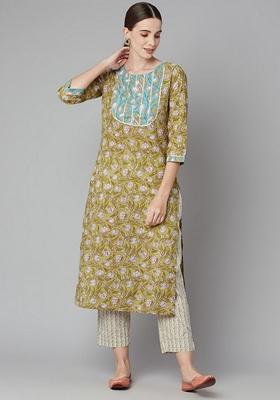 Green Floral Print Cotton Kurta Set