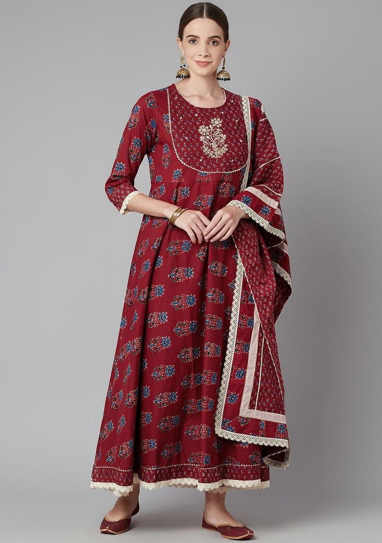 Red Floral Print Cotton Anarkali Set