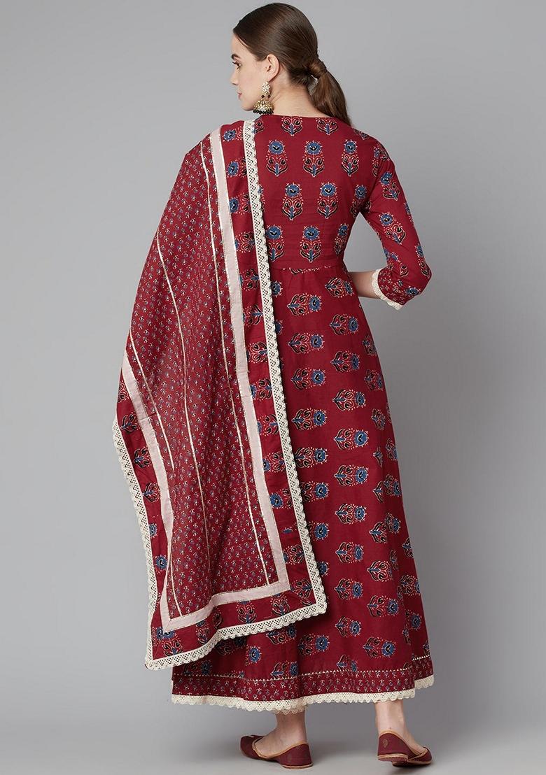 Red Floral Print Cotton Anarkali Set