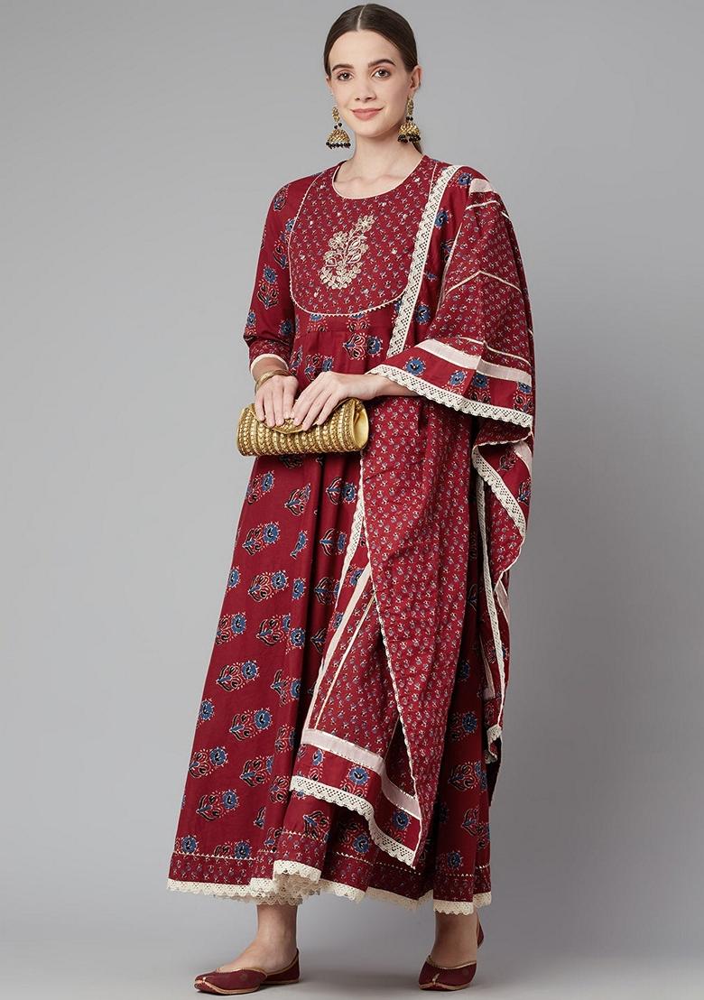 Red Floral Print Cotton Anarkali Set