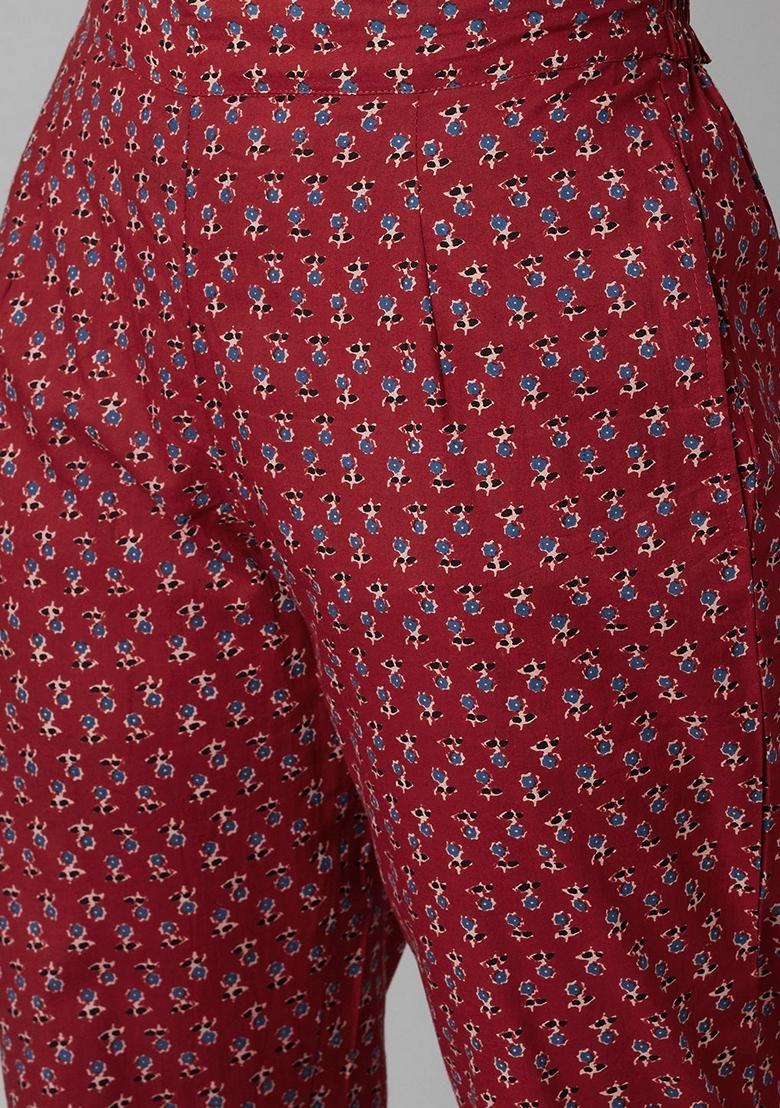 Red Floral Print Cotton Anarkali Set