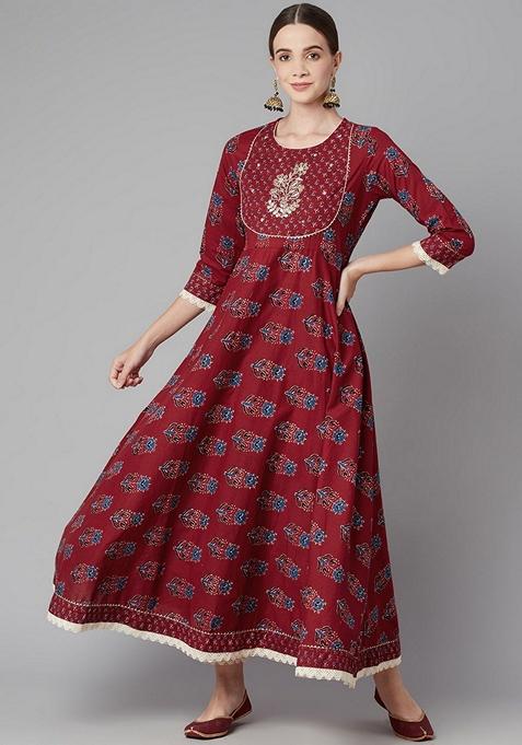 Red Floral Print Cotton Anarkali Set