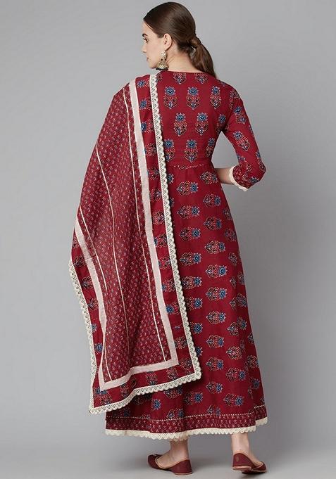 Red Floral Print Cotton Anarkali Set