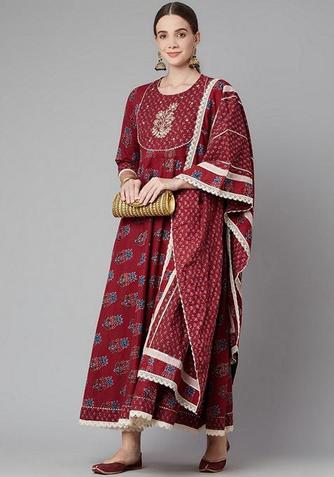Red Floral Print Cotton Anarkali Set