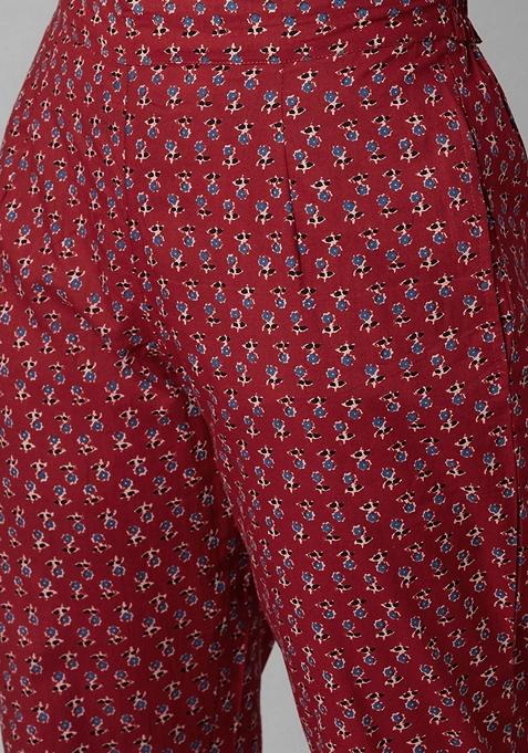 Red Floral Print Cotton Anarkali Set