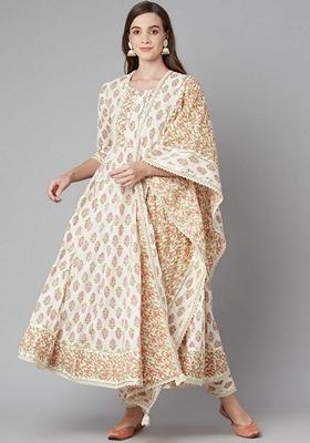 Cream Floral Print Cotton Palazzo Set