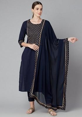 Blue Solid Rayon Kurta Set