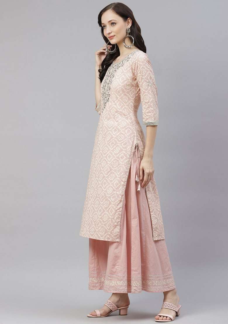 Pink Chikankari Cotton Straight Kurta Set - Indya