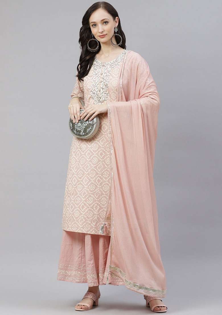 Pink Chikankari Cotton Straight Kurta Set - Indya
