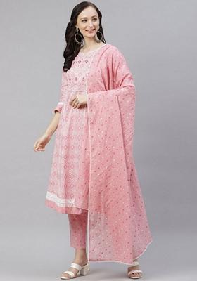 Pink Embroidered Cotton Kurta Set