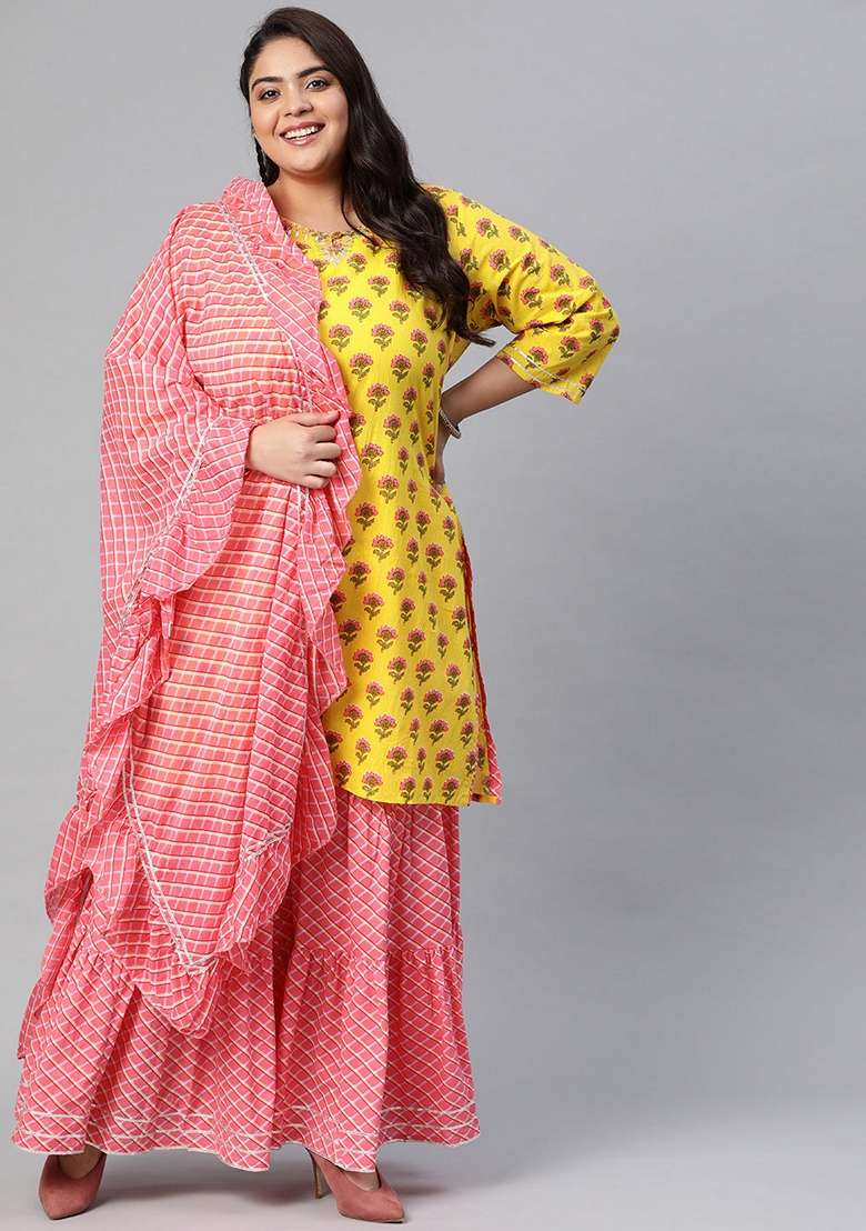 Yellow Printed Cotton Sharara Set - Indya