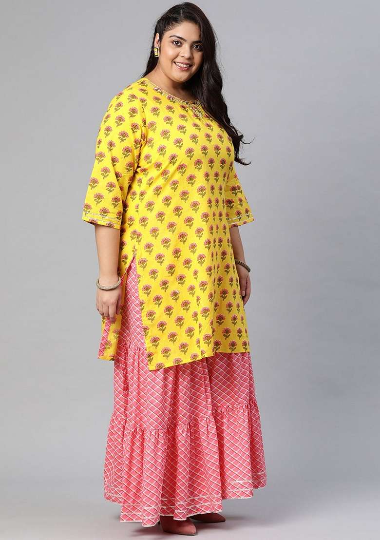Yellow Printed Cotton Sharara Set - Indya