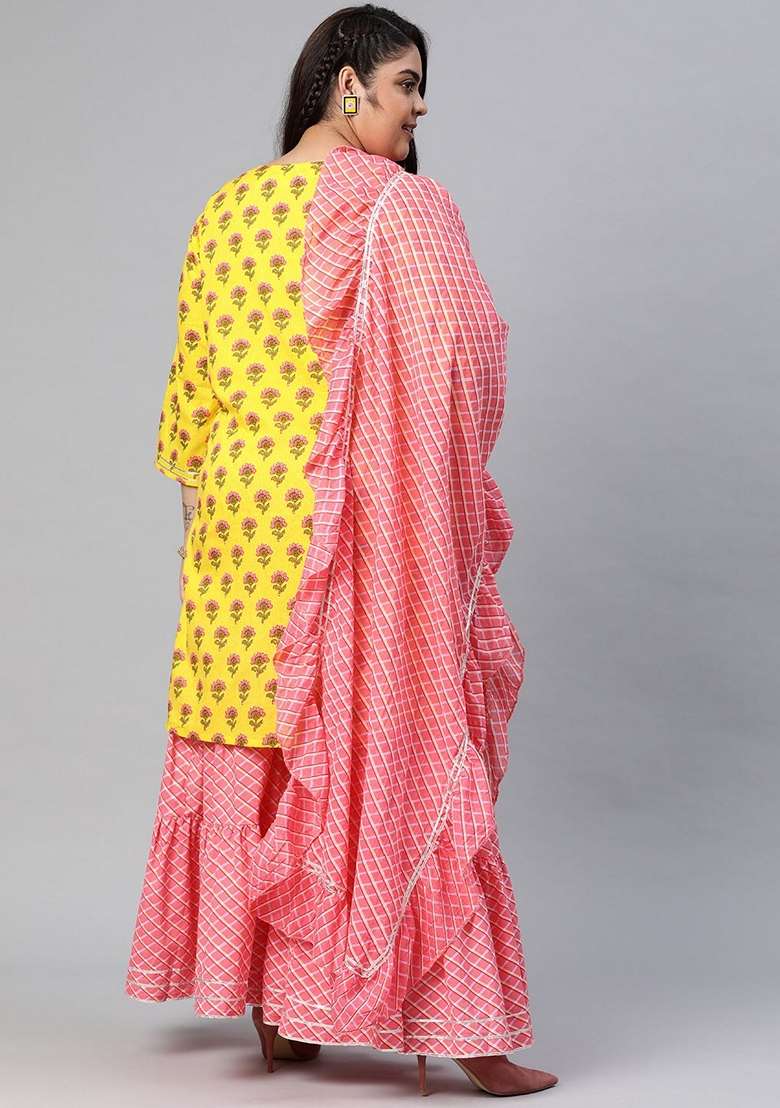 Yellow Printed Cotton Sharara Set - Indya