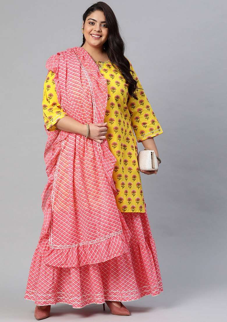 Yellow Printed Cotton Sharara Set - Indya