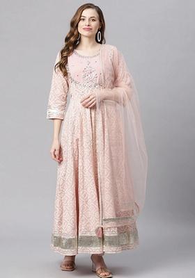 Pink Printed Cotton Anarkali Set