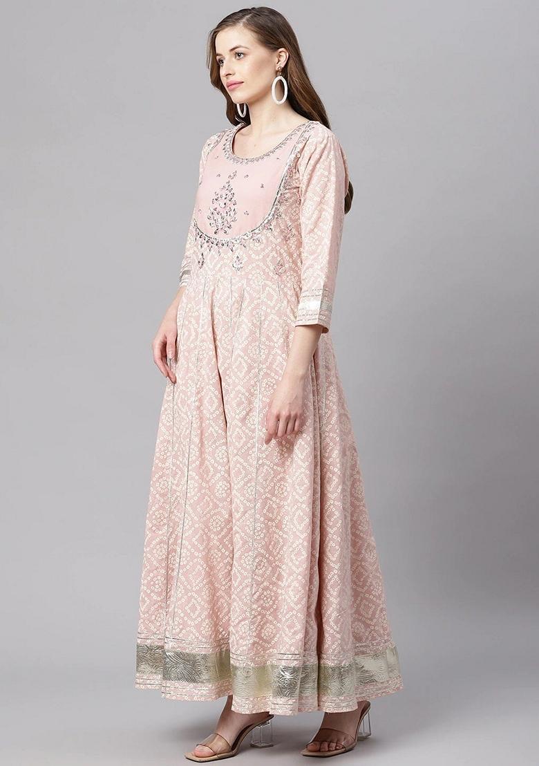 Pink Printed Cotton Anarkali Set