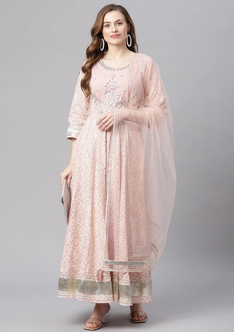 Pink Printed Cotton Anarkali Set