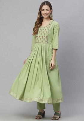 Green Embroidered Cotton Kurta Set